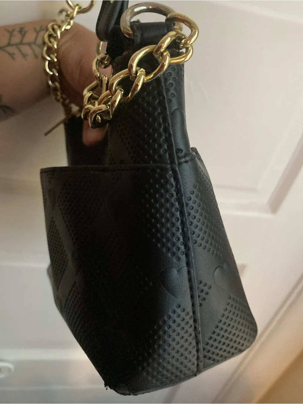 Betsey Johnson Black Heart Embossed Crossbody Bag with Gold Chain